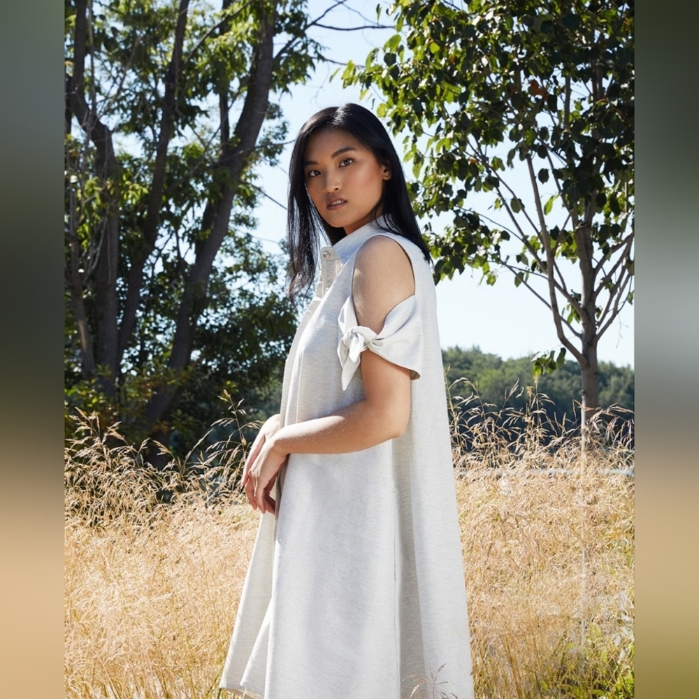 Marigold Cream and Silver Pinstripe Cold Shoulder Dress size M